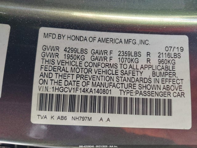 1HGCV1F14KA140801 Honda l15be