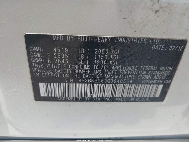 Subaru 2.5l u6 2016 4S3BNBC63G3040569 Image 9