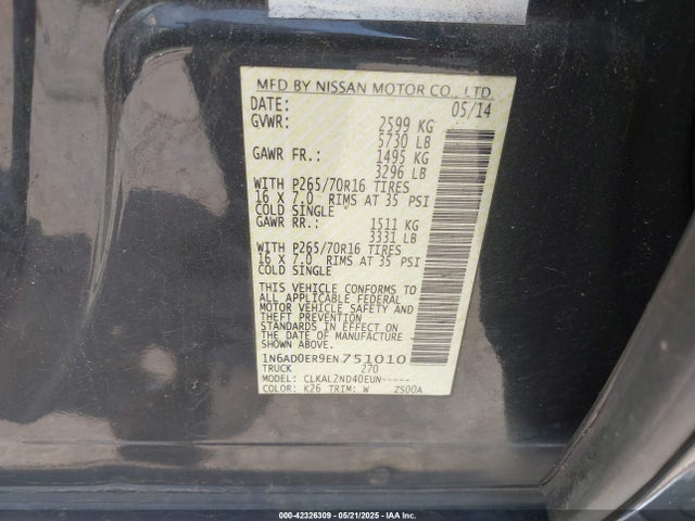 1N6AD0ER9EN751010 Nissan Frontier Sv