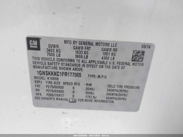 1GNSKKKC1FR177965 Chevrolet Suburban 1500 Ltz