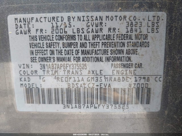 3N1AB7AP6FY375525 Nissan SENTRA S