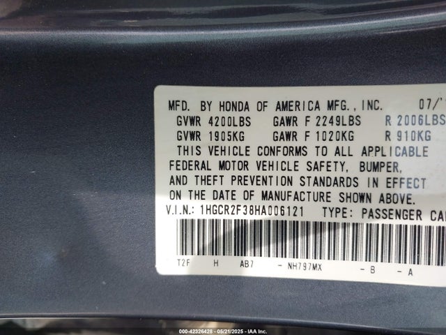 1HGCR2F38HA006121 Honda k24w1