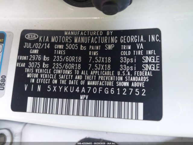5XYKU4A70FG612752 KIA Sorento Ex V6