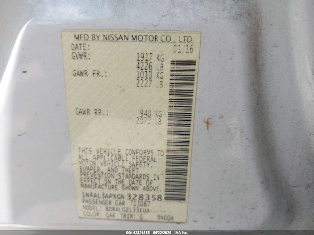 1N4AL3APXGN328358 Nissan Altima 2.5/2.5 S/2.5 Sl/2.5 Sr/2.5 Sv