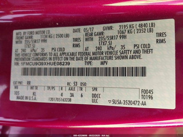 1FMCU9G9XHUE08239 Ford 2017