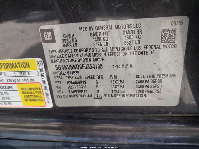 5GAKVBKD9FJ364105 Buick Enclave Leather