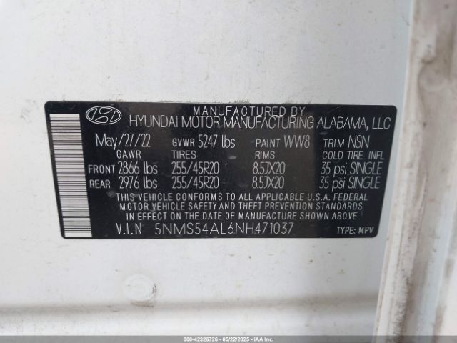5NMS54AL6NH471037 Hyundai Santa Fe Calligraphy