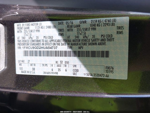 1FMCU9GD2HUA54737 Ford ESCAPE SE