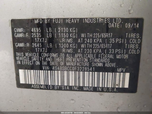 Subaru 2.5l u6 2015 4S4BSBCC0F3228541 Image 9