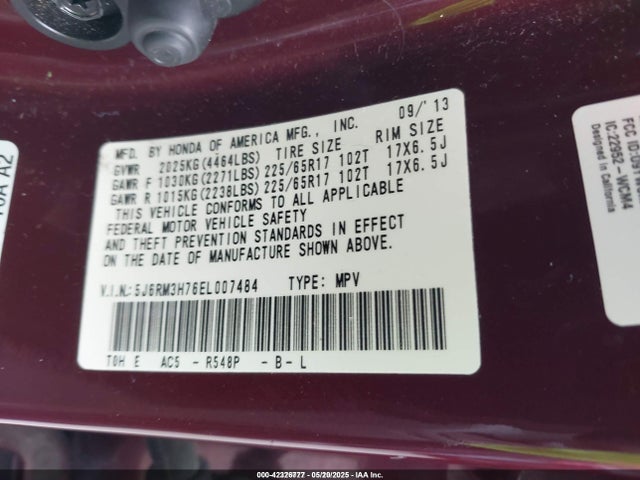 5J6RM3H76EL007484 Honda Cr-v Ex-l