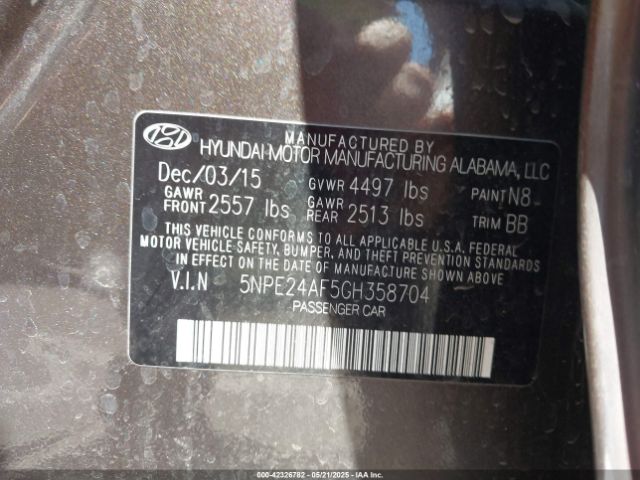 5NPE24AF5GH358704 Hyundai SONATA SE