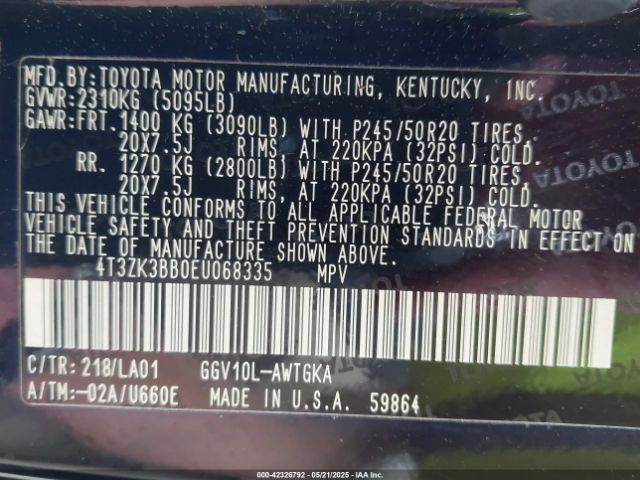 4T3ZK3BB0EU068335 Toyota Venza Le V6/limited V6/xle V6