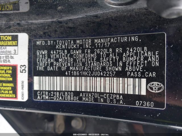 4T1B61HK2JU042257 Toyota CAMRY XSE