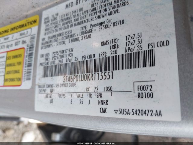 3FA6P0LU0KR115551 Ford Fusion Hybrid Se