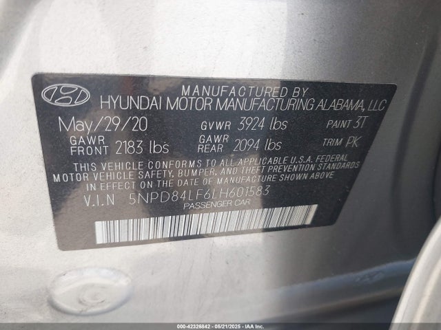 5NPD84LF6LH601583 Hyundai mpi nu