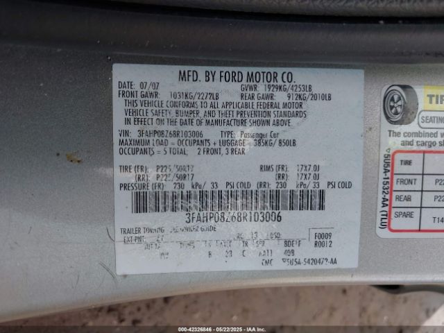 2008 FORD FUSION 3FAHP08Z68R103006 Photo 8