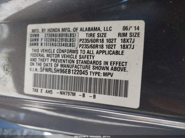 5FNRL5H96EB122045 Honda Odyssey Touring/touring Elite