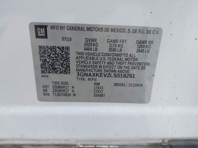 3GNAXKEV2LS518261 Chevrolet Equinox Fwd Lt 1.5l Turbo