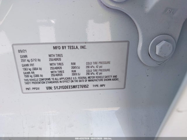 2021 TESLA MODEL Y 5YJYGDEE5MF276952 Photo 8