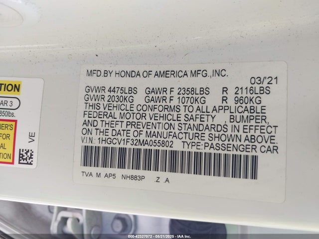 Honda l15be 2021 1HGCV1F32MA055802 Image 9