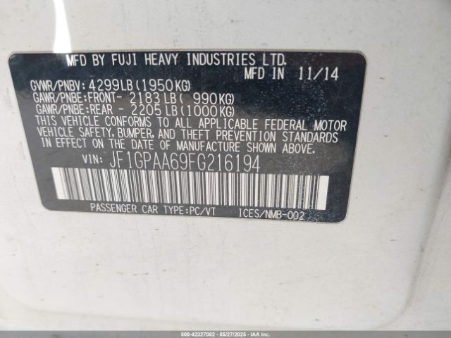JF1GPAA69FG216194 Subaru Impreza 2.0i