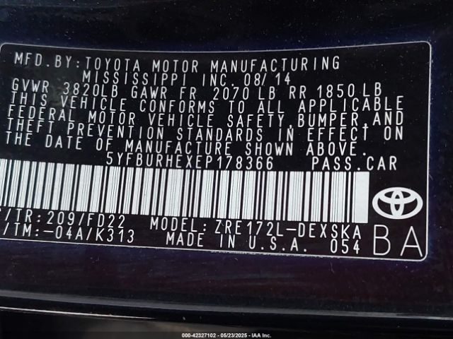 5YFBURHEXEP178366 Toyota Corolla S Plus