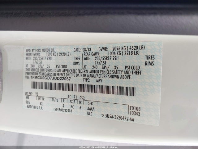 1FMCU0GD7JUD22067 Ford 1.5l gtdi sigma w/premium fuel