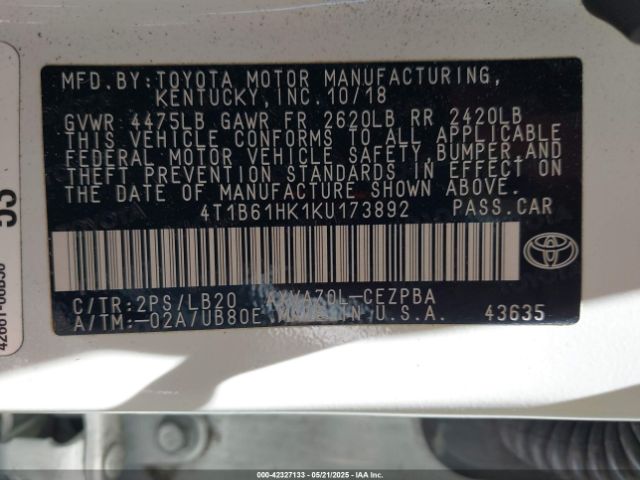 2019 TOYOTA CAMRY 4T1B61HK1KU173892 Photo 8