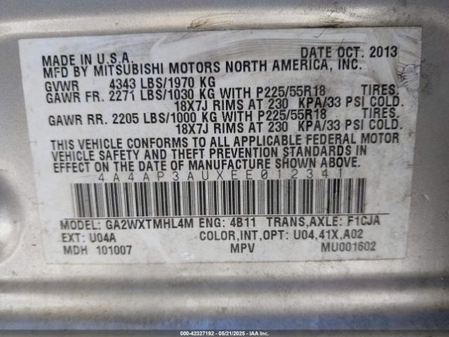 4A4AP3AUXEE012341 Mitsubishi Outlander Sport Es