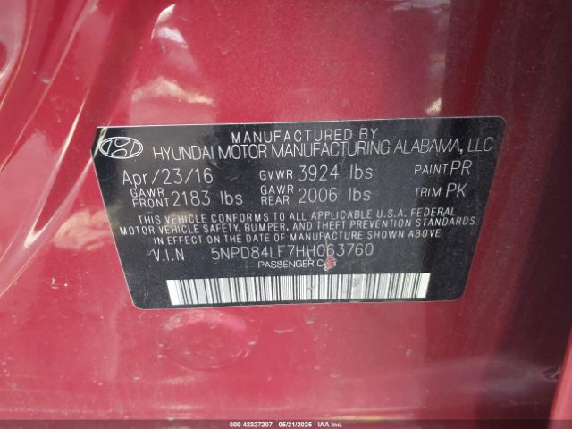 5NPD84LF7HH063760 Hyundai Elantra Limited