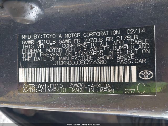 JTDKN3DU0E0366380 Toyota Prius Two