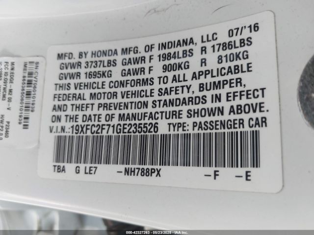 2016 HONDA CIVIC 19XFC2F71GE235526 Photo 8