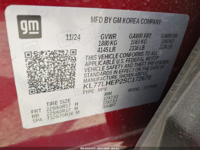 KL77LHEP2SC172670 Chevrolet Trax Fwd Lt