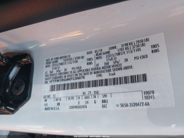 1FTFW1RG4KFC09076 Ford F-150 Raptor