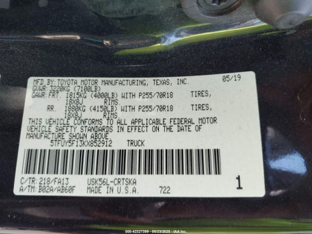 5TFUY5F13KX852912 Toyota Tundra Limited 5.7l V8/sr 5.7l V8/sr5 5.7l V8