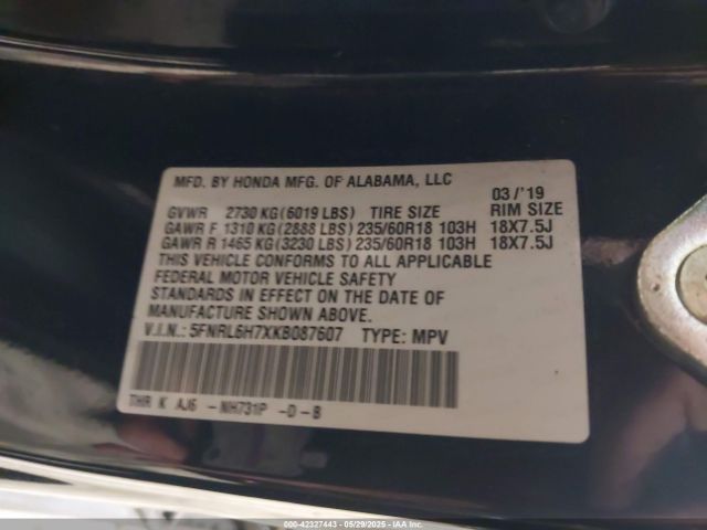 5FNRL6H7XKB087607 Honda Odyssey Ex-l