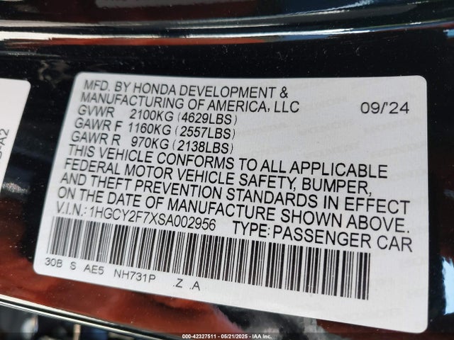1HGCY2F7XSA002956 Honda lfc5