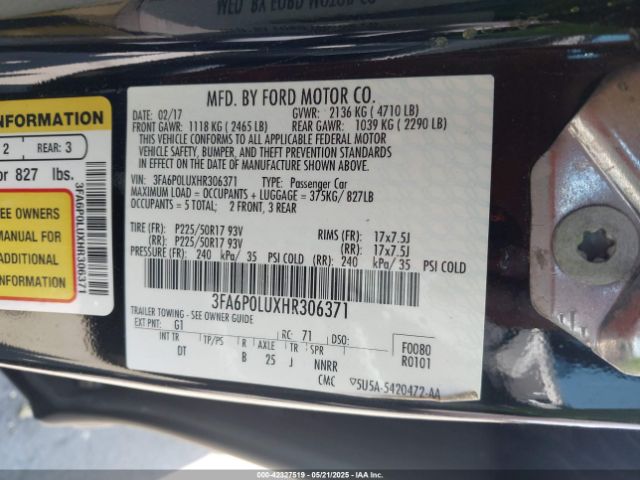 3FA6P0LUXHR306371 Ford Fusion Hybrid Se