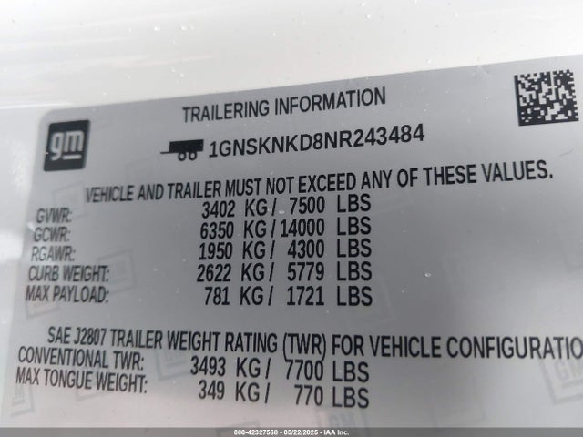 1GNSKNKD8NR243484 Chevrolet l84 - di, dfm, alum, gen 5, var 2