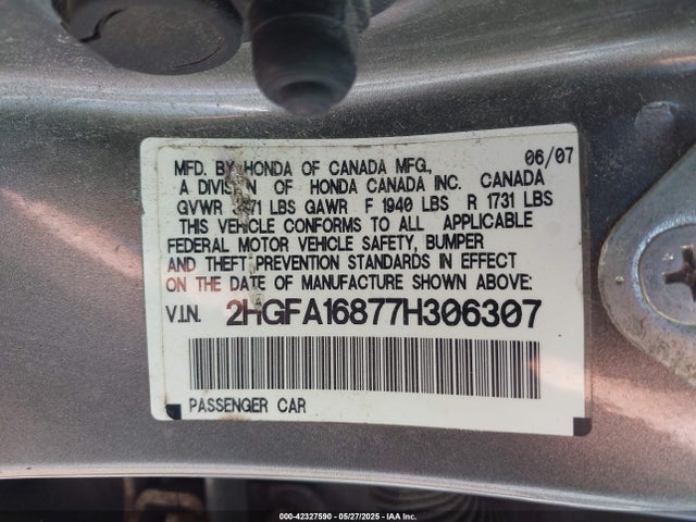 Aukcja sprzedaży 2007 Honda Civic Ex, vin: 2HGFA16877H306307, numer aukcji: 42327590