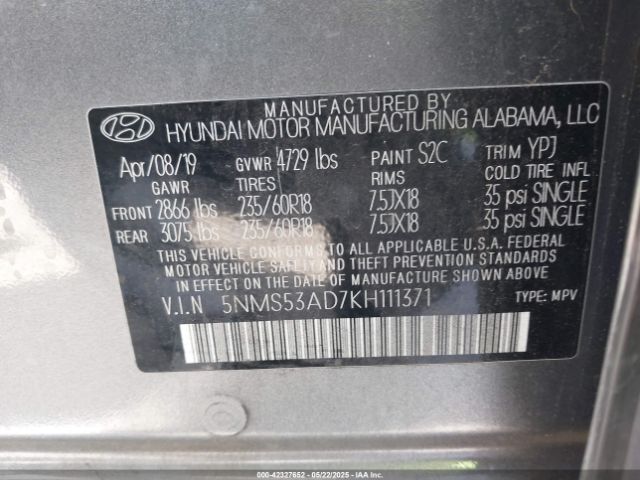 2019 HYUNDAI SANTA FE 5NMS53AD7KH111371 Photo 8
