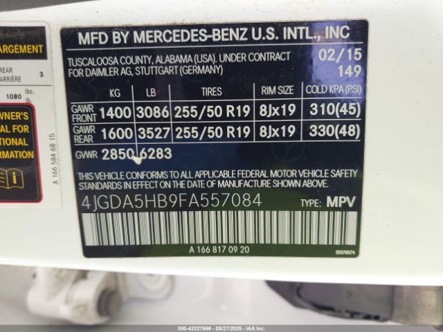 4JGDA5HB9FA557084 Mercedes-Benz Ml 350 4matic