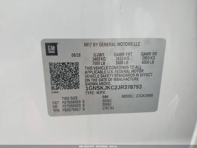 1GNSKJKC2JR378793 Chevrolet l83 - sidi: spark ignited direct injection, vvt: variable valve timing, afm, e85 max, alum