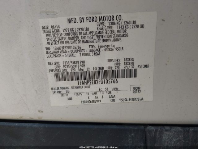 1FAHP2E82FG105766 Ford TAURUS SEL