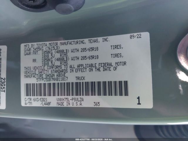 5TFPC5DB7NX011817 Toyota Tundra Hybrid Trd Pro