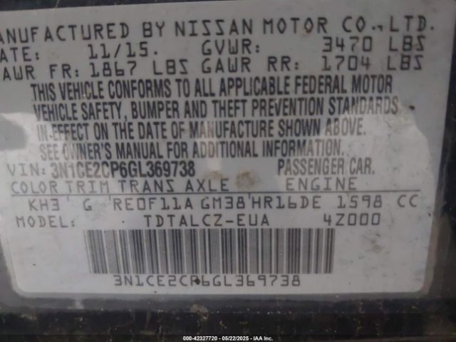 3N1CE2CP6GL369738 Nissan Versa Note S (sr)/s Plus/sl/sr/sv