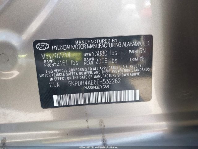 5NPDH4AE6EH532262 Hyundai dohc mpi nu