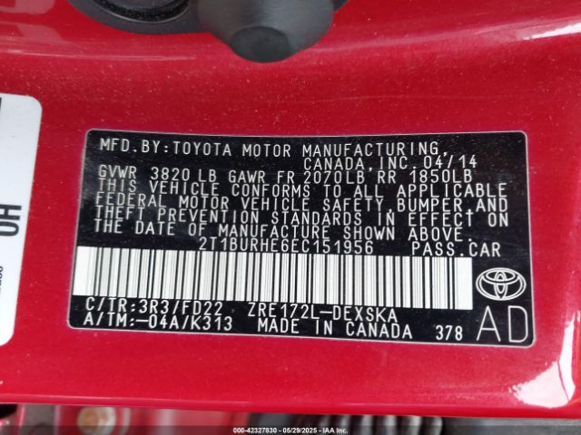 2T1BURHE6EC151956 Toyota 2zr-fe