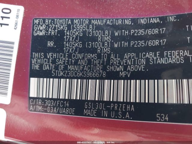 5TDKZ3DC6KS966678 Toyota 2gr-fks