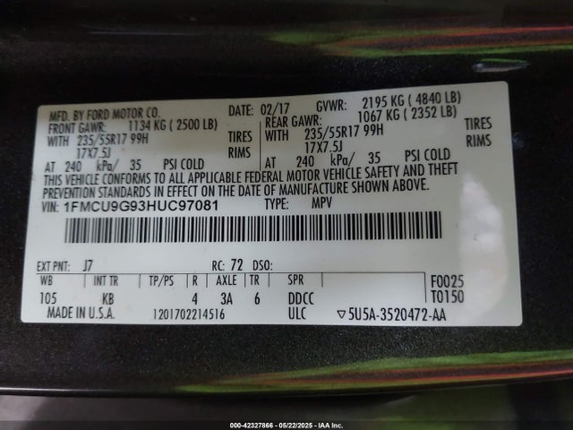 1FMCU9G93HUC97081 Ford ESCAPE SE